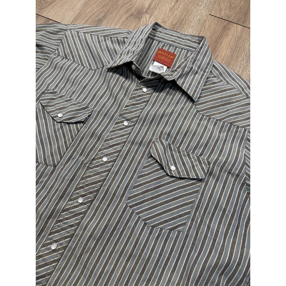 Mens Vintage Size XL Light Blue / Grey Rodeo Strip Pearl Snap Rancher Shirt
